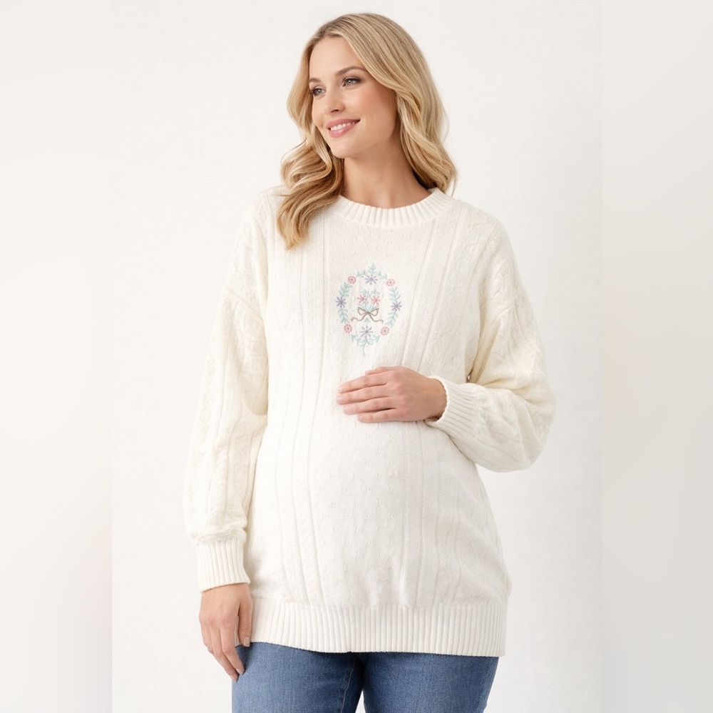 Vintage Sears Maternity Sweater M Canada Cottagecore Embroidered Floral Knit